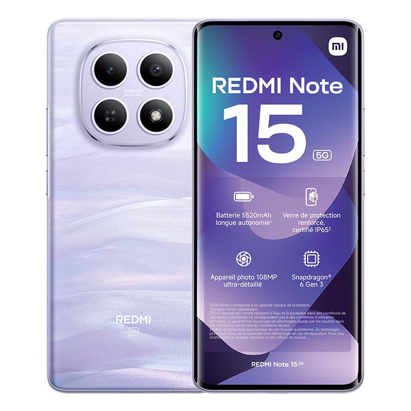 Smartphone Xiaomi Redmi Note 15 5g 256go Violet Bon état -  reconditionné disponible sur Electro Depot
